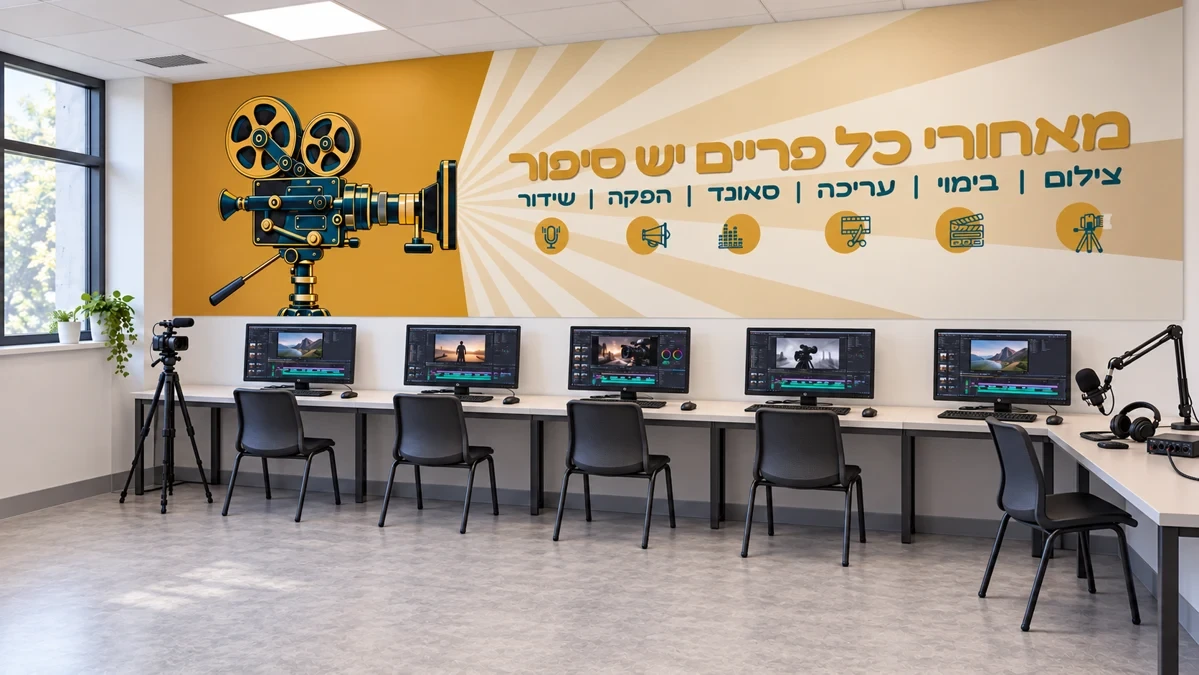 קיר תקשורת בחדר עם עמדות מחשב ופינת הקלטה