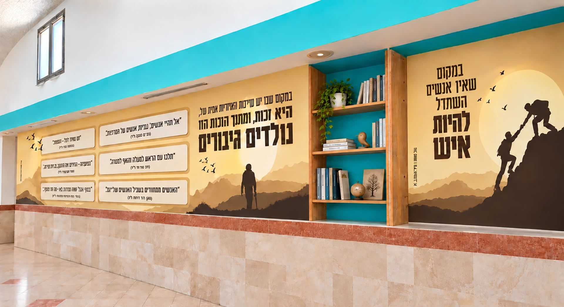 הדמיה של קיר בנושא גבורה וערכים בגוונים חמים