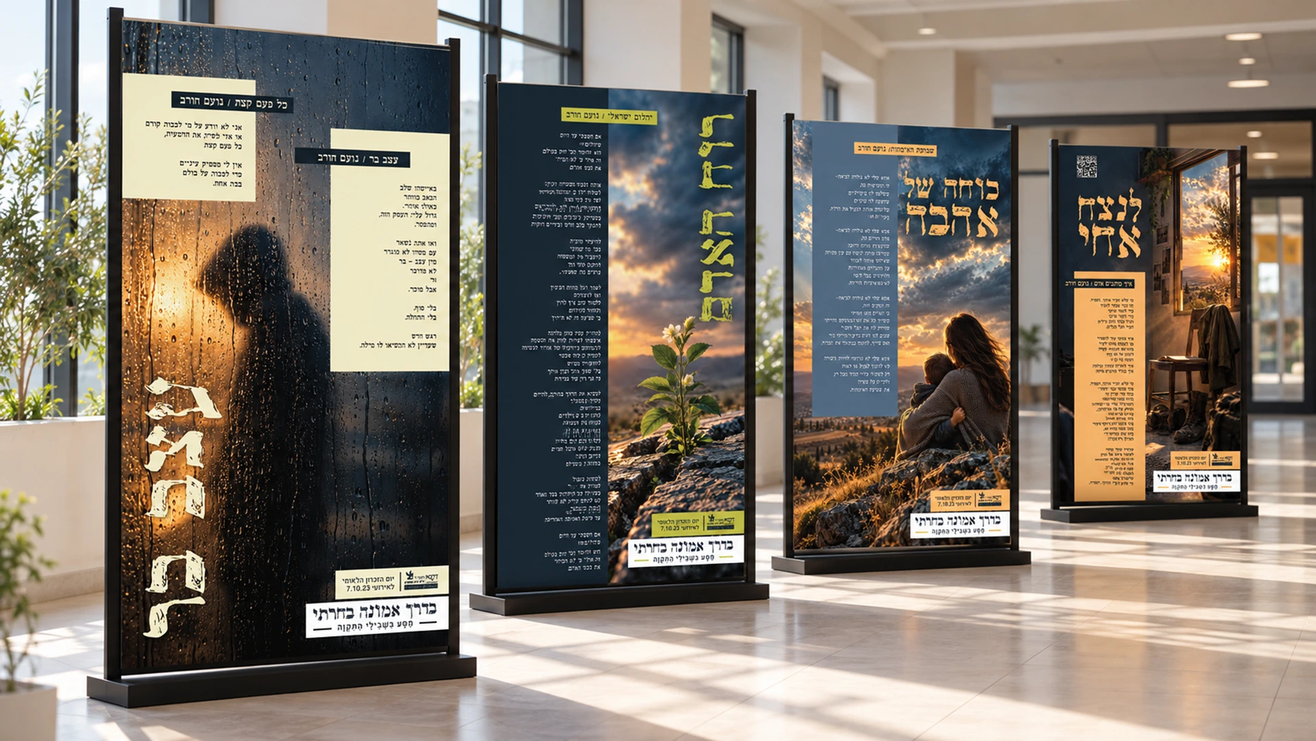 תערוכת כרזות בנושא השביעי באוקטובר, עם שירים ואיורים