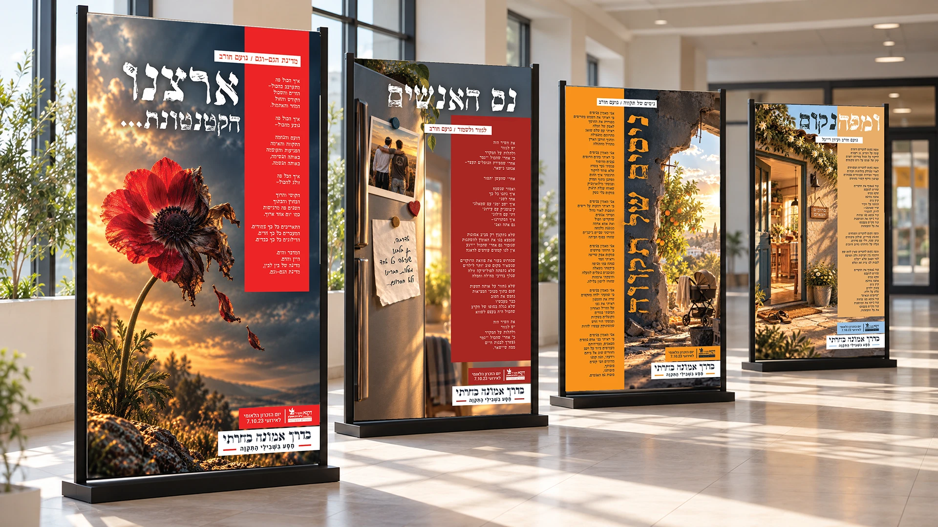 תערוכת כרזות בנושא השביעי באוקטובר, עם שירים וצילומים