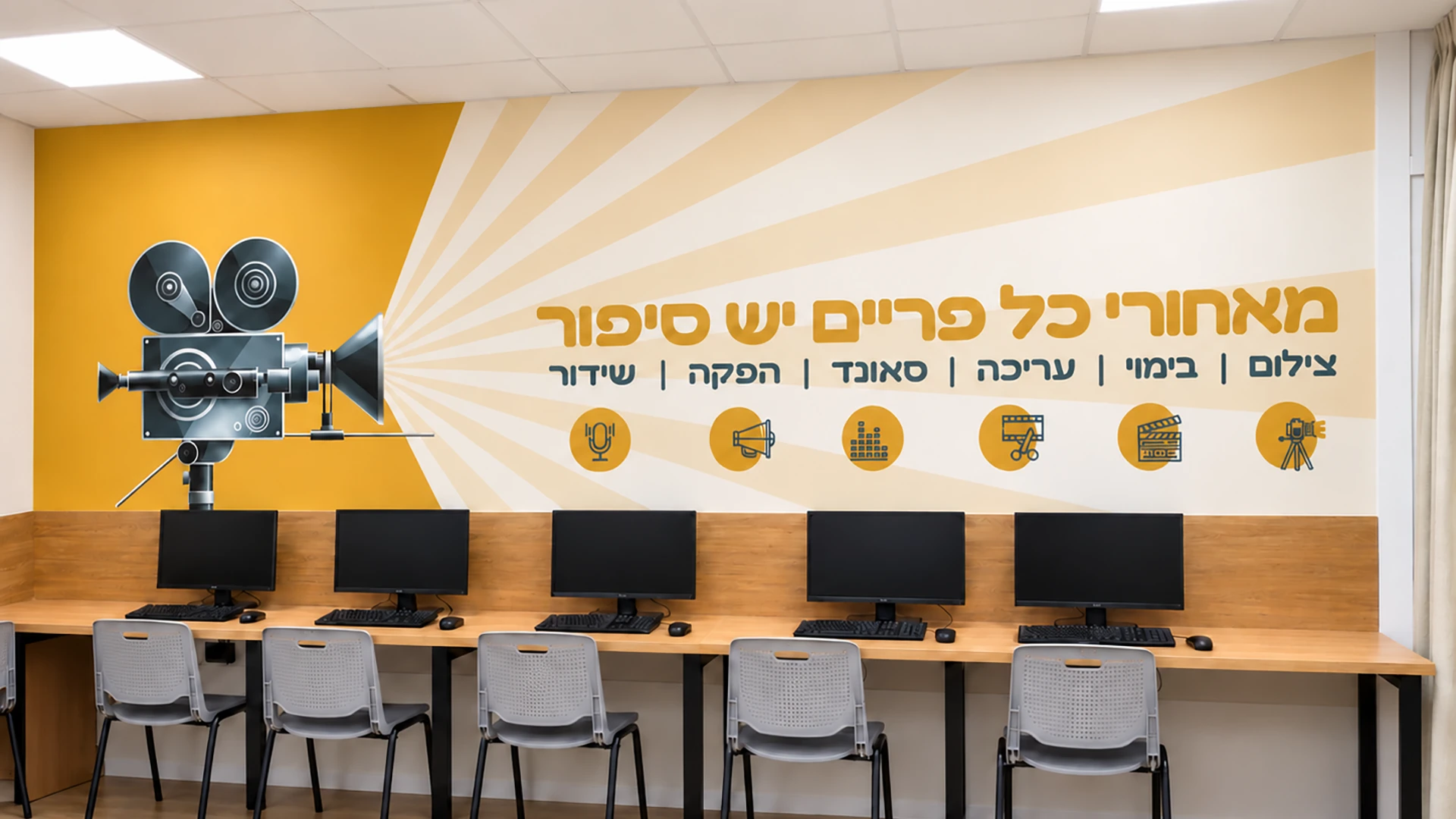 חדר מחשבים עם קיר מעוצב בנושא צילום ותקשורת