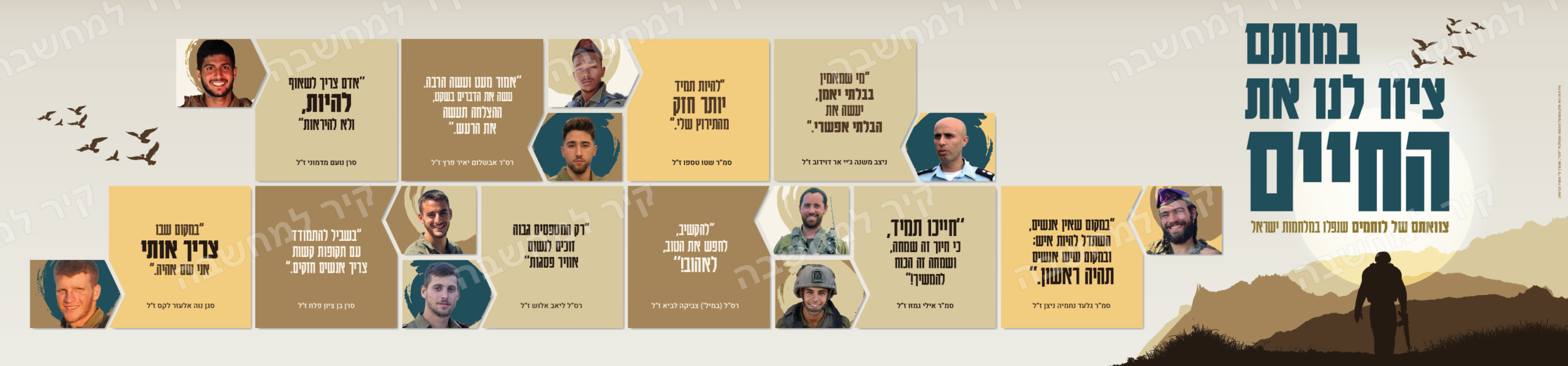 קיר הנצחה — דיוקנאות וציטוטים של נופלים לצד הכותרת במותם ציוו לנו את החיים