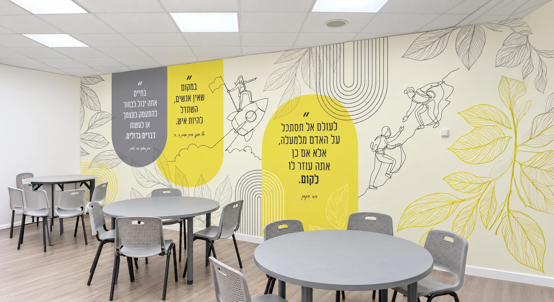 הדמיה של חדר מנהיגות עם שולחנות עגולים וכיסאות אפורים, בעיצוב צהוב ואפור