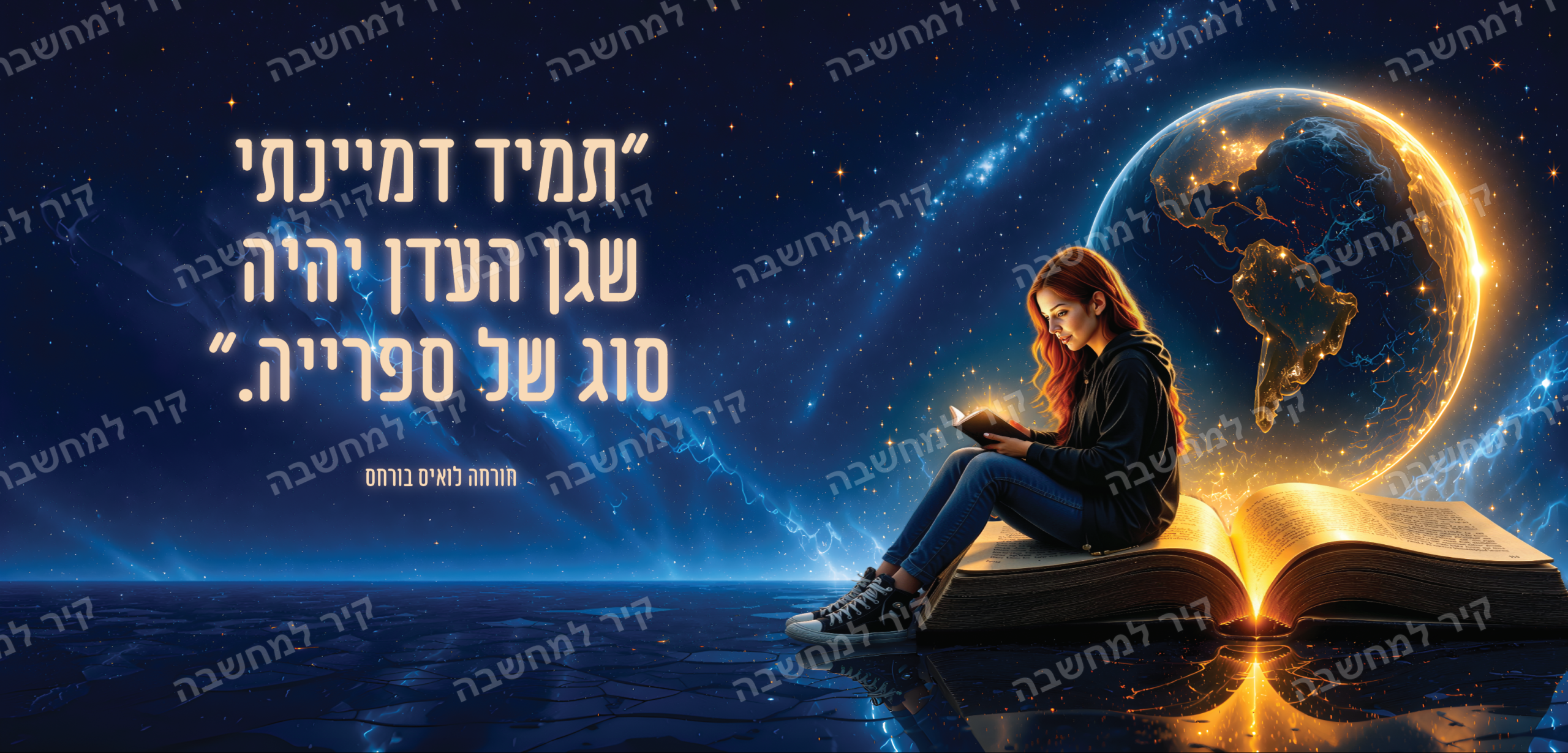 ספרייה — נערה קוראת על ספר פתוח, לצד עולם מואר וציטוט על ספרייה כגן עדן